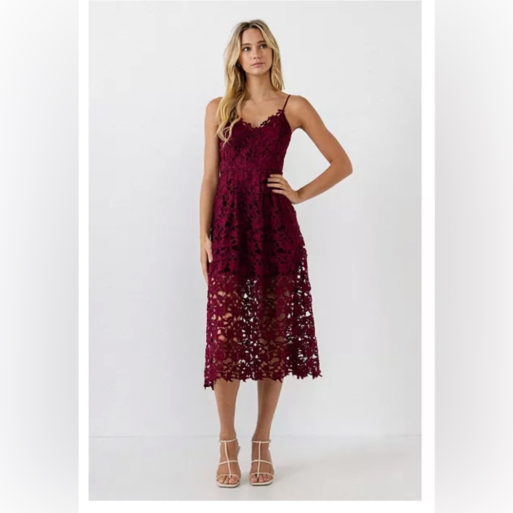 Astr Burgundy Lace Midi Dress